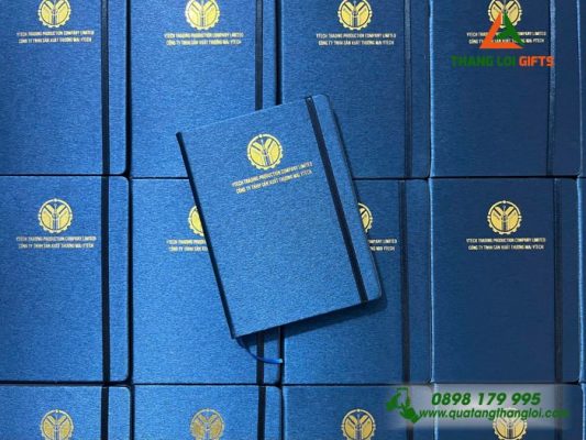 Sổ Tay Dán Gáy Màu Xanh Ép Kim Vàng Logo Doanh Nghiệp Y Tech