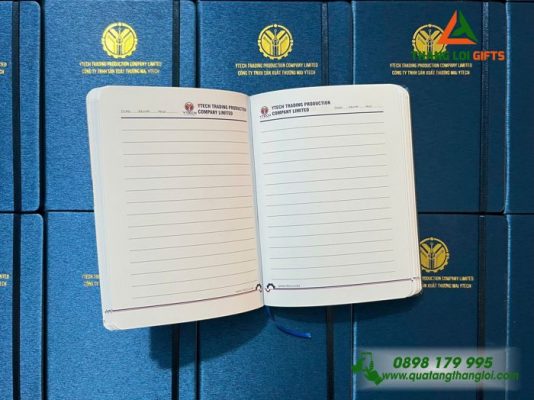 Sổ Tay Dán Gáy Màu Xanh Ép Kim Vàng Logo Doanh Nghiệp Y Tech