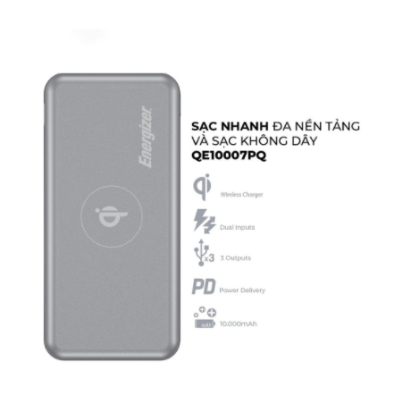 Pin Sac du phong Energizer 10,000mAh 3.7V Li- QE10007PQ - Tich hop sac khong day & Sac nhanh
