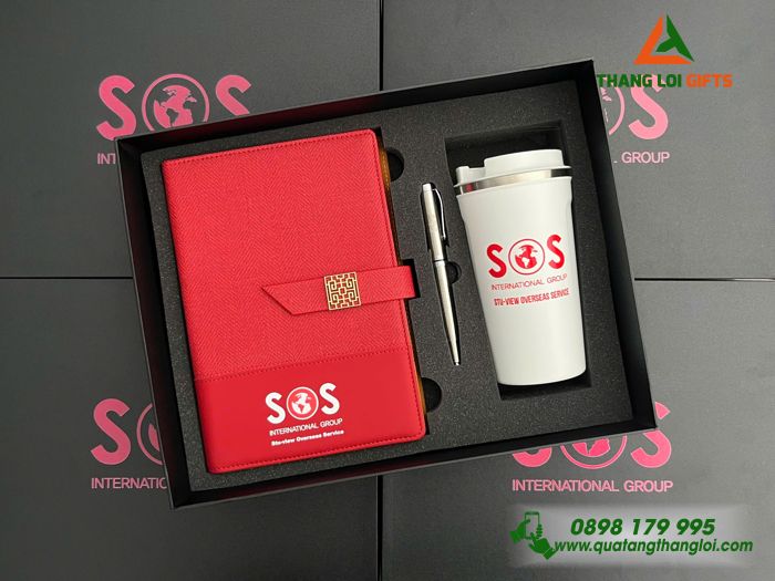 Bo Qua Tang (So+ Ly+ But) - In Khac Logo Doanh Nghiep SOS (1) GST 54- Bộ Quà Tặng Cao Cấp (Sổ+Ly 510ml+Bút) - In Khắc Logo Theo Yêu Cầu