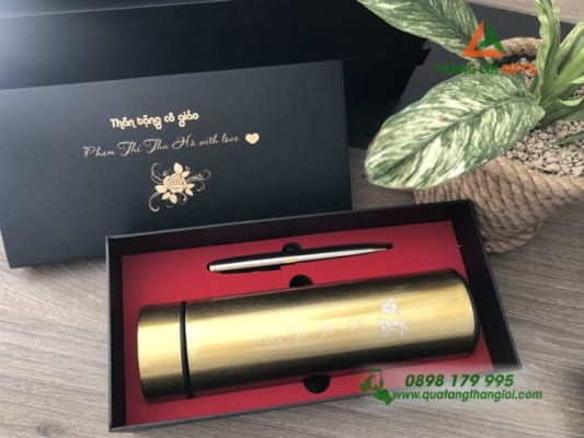 Bộ giftset Bình giữ nhiệt & Bút - Khắc nội dung Tri ân thầy cô