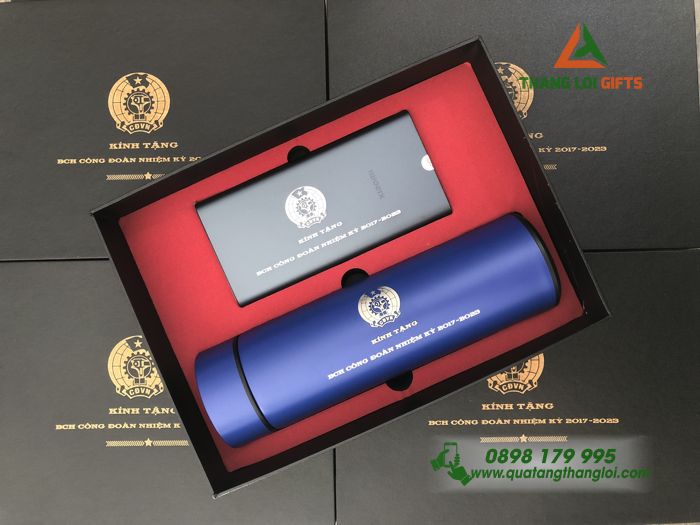 Bộ giftset Bình giữ nhiệt & Pin sạc dự phòng - Khắc logo BCH Công Đoàn