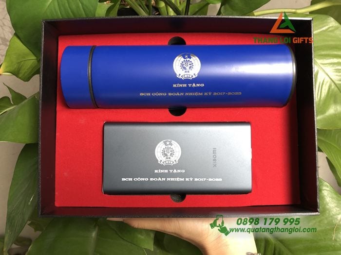 Bộ giftset Bình giữ nhiệt & Pin sạc dự phòng - Khắc logo BCH Công Đoàn
