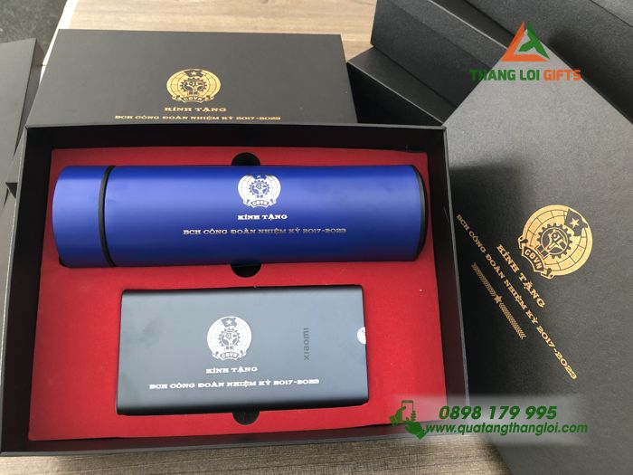 Bộ giftset Bình giữ nhiệt & Pin sạc dự phòng - Khắc logo BCH Công Đoàn