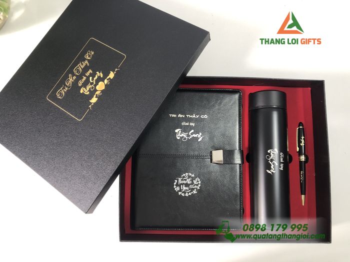 Giftset (Sổ+ Bình +Bút) Màu đen - In khắc nội dung Tri ân Thầy Cô