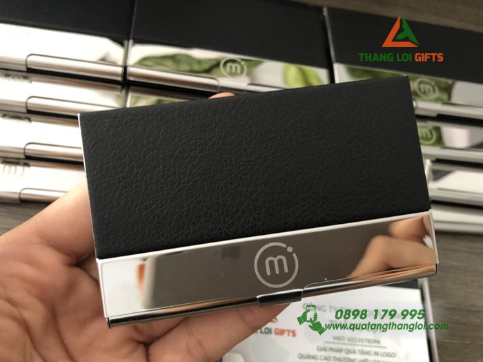 Hộp Namecard Kim loại phối da Màu đen - Khắc logo doanh nghiệp