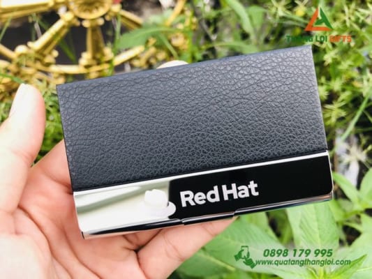 Hộp đựng namecard Inox phối da Màu đen - Khắc logo RED HAT