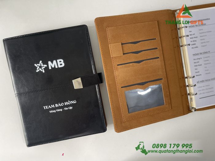 Sổ tay da bìa còng Màu đen - In logo MB Bank