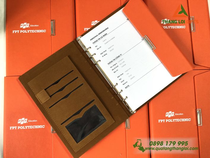 Sổ tay da bìa còng gập 3 Màu cam - In logo FPT