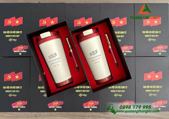 Bộ Qùa Tặng Bình Giữ Nhiệt Và Bút Kí In Nội Dung Mừng Ngày Đại Hội Chi Bộ Cụm 22