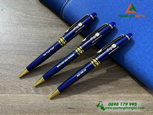 Bút Ký Kim Loại Màu Xanh Khoen Vàng Khắc Logo DIGIU