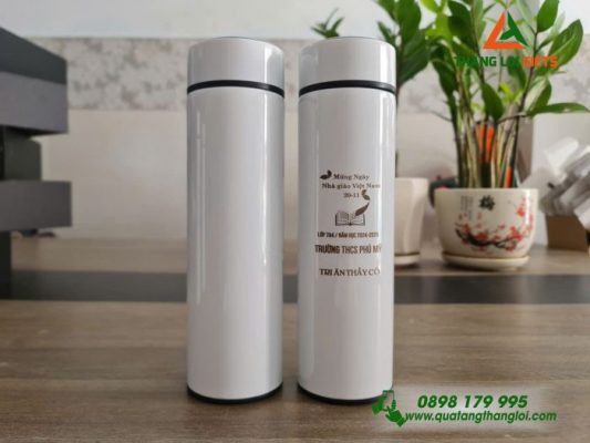 Bình Giữ Nhiệt Sơn Bóng Màu Trắng In Khắc Nội Dung Tri Ân Thầy Cô
