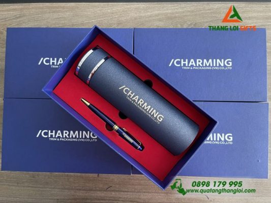 Bộ Qùa Tặng Giftset Bình Giữ Nhiệt -  Bút Kim Loại In Khắc Logo CHARMING 