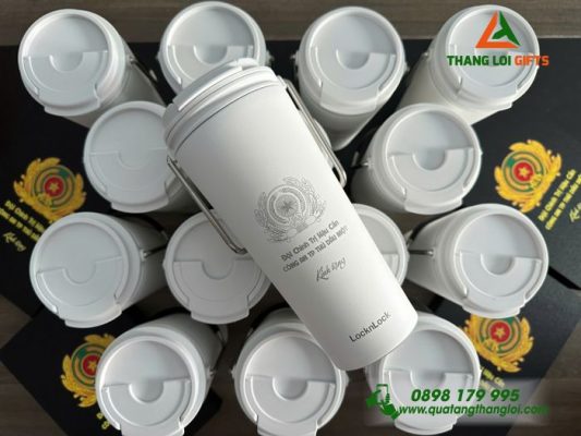 Ly giữ nhiệt Lock&Lock màu trắng Khắc Logo Đội Chính Trị Hậu Cần