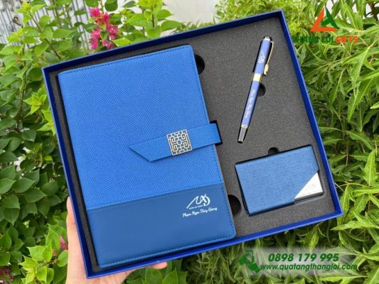 Bộ Qùa Tặng (Sổ+ Bút+ Hộp Namecard) Màu Xanh - In Khắc Logo Doanh Nghiệp