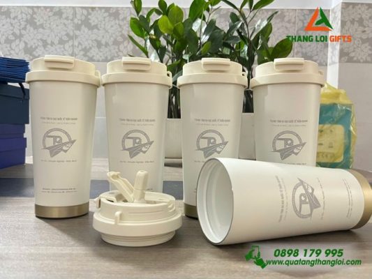 Ly Giữ Nhiệt 530ml - Màu Trắng Kem - Khắc Logo Trung Tâm Du Học Quốc Tế Trần Quang