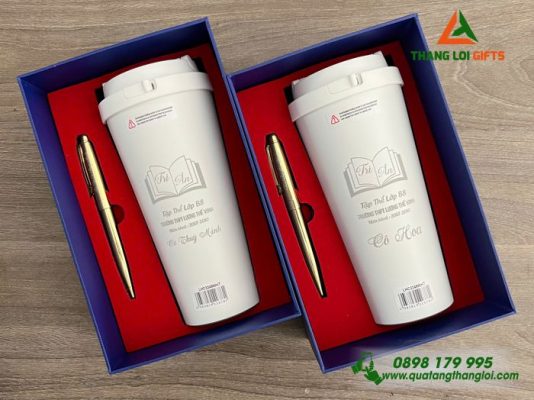 Set Quà Tặng (Ly + Bút) – In Khắc Logo Trường THPT Lương Thế Vinh