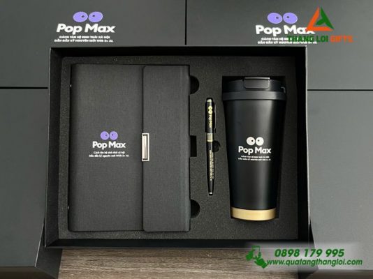 Bộ Quà Tặng (Sổ + Ly + Bút) Màu Đen - In Khắc Logo Pop Max