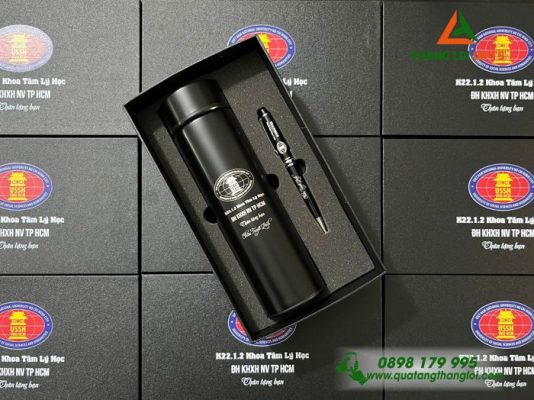 Bộ Quà Tặng (Bình Giữ Nhiệt & Bút Ký) - Màu Đen - Khắc Logo USSH