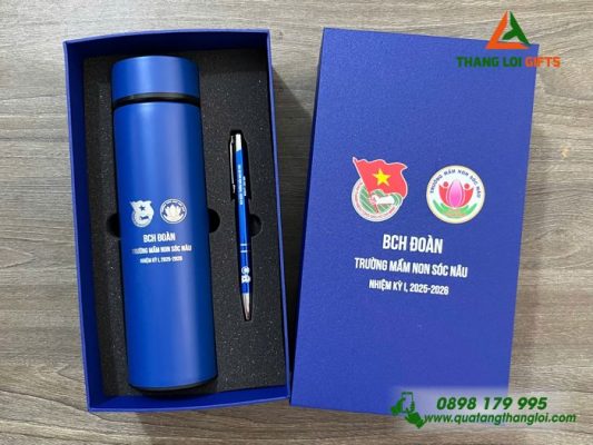 Bộ Quà Tặng (Bình+Bút) – In Khắc Logo Trường Mầm Non Sóc Nâu