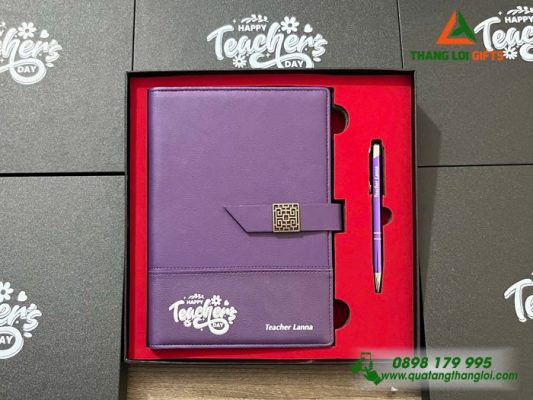 Set Quà Tặng (Sổ+Bút) Màu Tím - In Khắc Nội Dung Tri Ân Thầy Cô