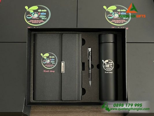 Giftset (Sổ+Bình+Bút) - In Khắc Logo Trường THCS Trần Quý Cáp