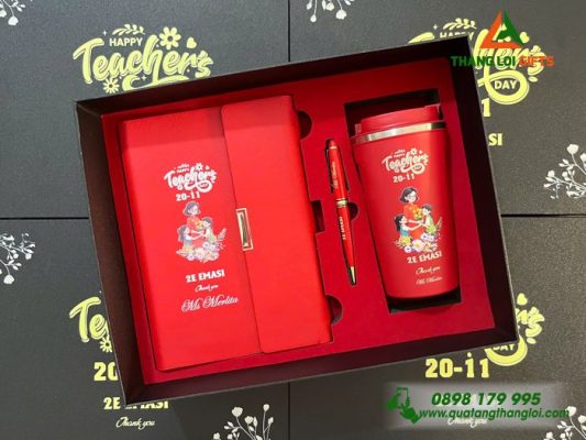 Bộ Quà Tặng (Sổ+Ly+Bút) Màu Đỏ – In Khắc Nội Dung Tri Ân Thầy Cô