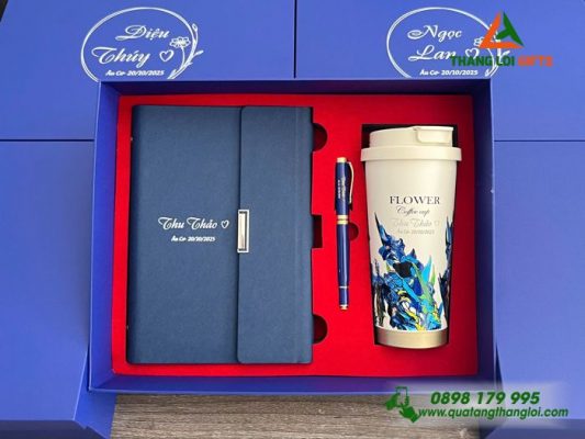 Combo Quà Tặng (Sổ+Ly+Bút) Màu Xanh - In Khắc Tên Làm Quà Tặng