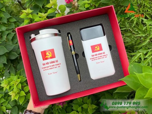 Set Quà Tặng (Ly+Pin Sạc+Bút) - In Khắc Logo Đại Hội Đảng Bộ Cơ Quan