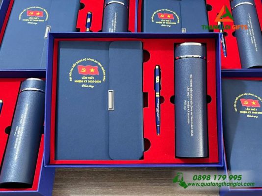 Giftset (Sổ+Bình+Bút) - In Khắc Logo Đại Hội Đảng Bộ Tỉnh Quảng Ngãi