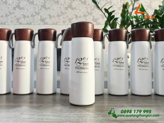 Bình Giữ Nhiệt Nắp Gỗ – Khắc Logo Trường THPT Phan Đăng Lưu