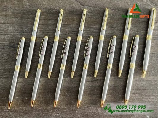 Bút Ký Kim Loại Xoay Thân Inox Khoen Vàng - In Logo GLEN