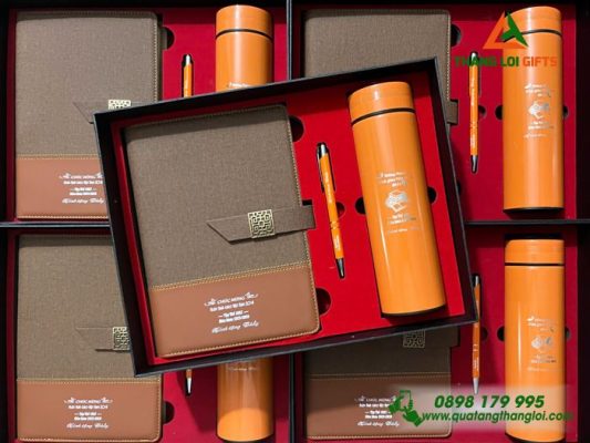 Giftset (Sổ+Bình+Bút) Màu Cam - In Khắc Nội Dung Tri Ân Thầy Cô