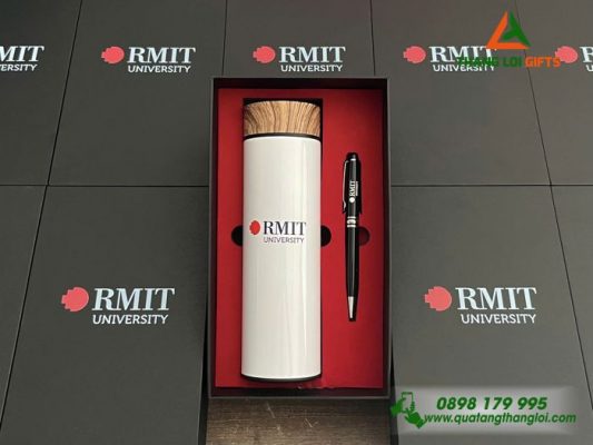 Set Quà Tặng (Bình Nắp Gỗ+Bút) - In Khắc Logo Trường Đại học RMIT