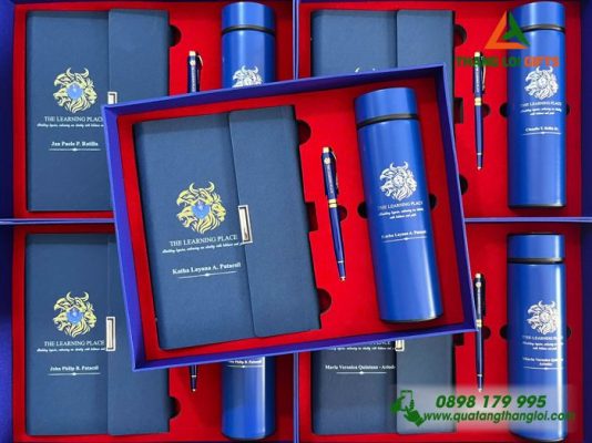 Giftset (Sổ+Bình+Bút) Màu Xanh - In Khắc Logo THE LEARNING PLACE