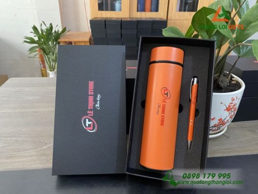 Bộ Quà Tặng (Bình+Bút) Màu Cam - In Khắc Logo Lê Trịnh Store