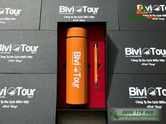 Bộ Quà Tặng (Bình+Bút) In Khắc Logo Doanh Nghiệp Bivi Tour