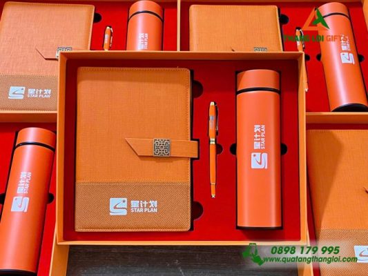 Combo Quà Tặng (Sổ+Bình+Bút) Màu Cam In Khắc Logo Sự Kiện Doanh Nghiệp Luxshare ICT