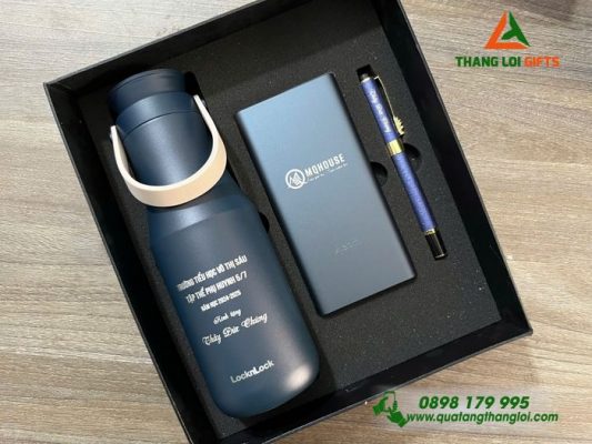 Combo Quà Tặng VIP (Bình Lock+Pin Sạc+Bút Ký) In Khắc Logo Làm Quà Đối Tác