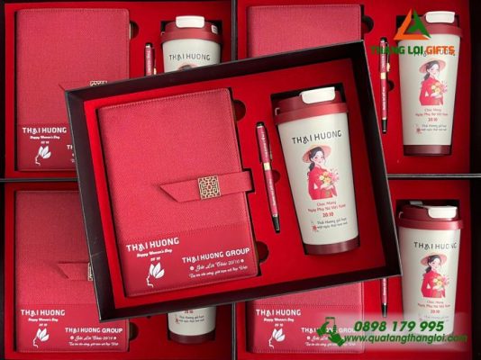 Giftset (Sổ+Ly+Bút) Màu Đỏ In Khắc Logo Thái Hương Làm Quà 20/10 Ý Nghĩa 